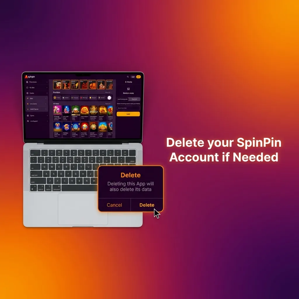 Step-by-step guide showing how to permanently delete a SpinPin gambling account through customer support and withdrawal process