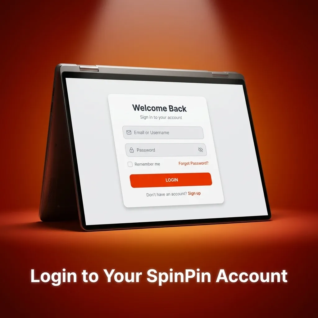 SpinPin login page showing email and password fields with sign-in button in top-right corner