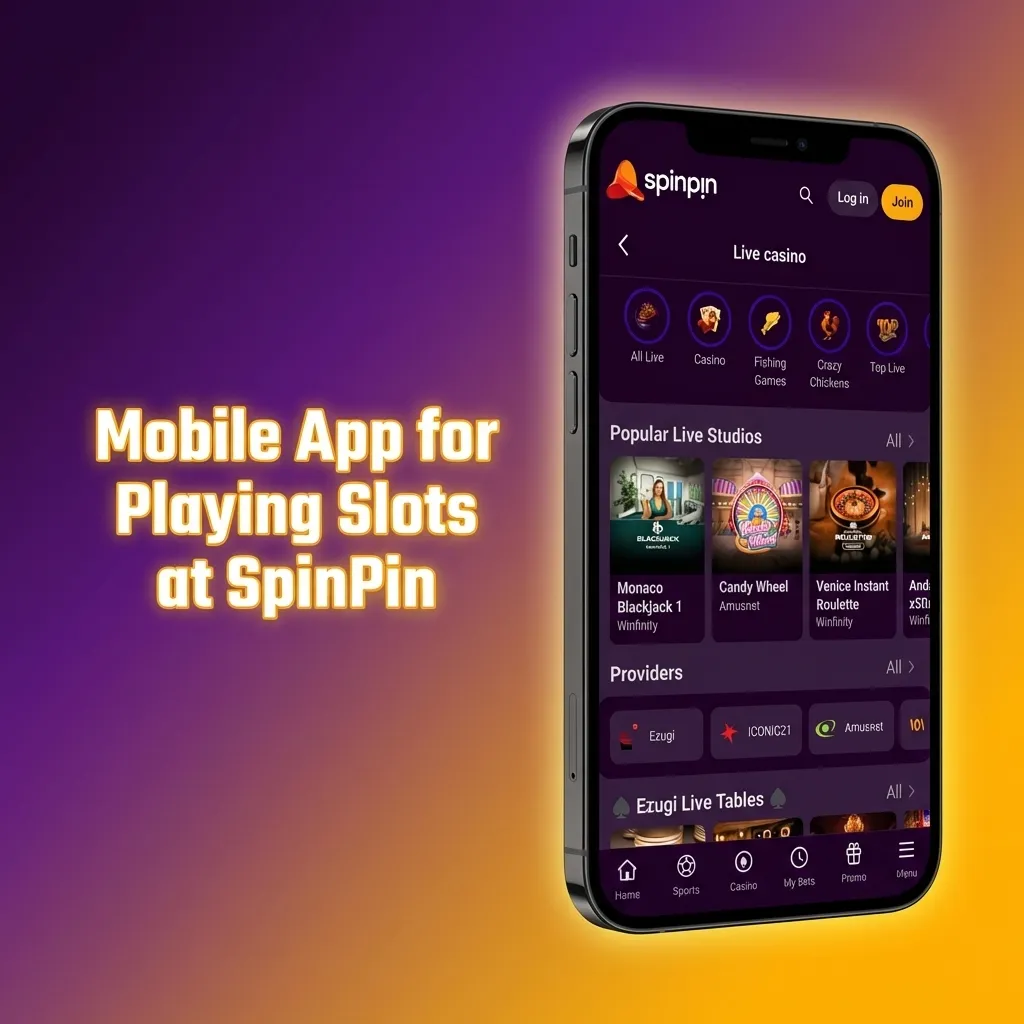 SpinPin mobile app interface showing slot games library with touch controls and navigation menu on smartphone screen