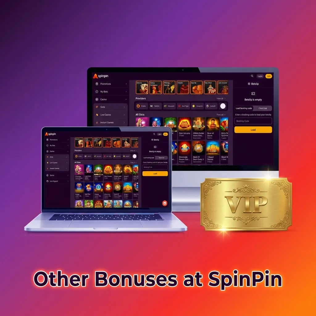 SpinPin casino bonuses including reload offers, cashback, free spins, and VIP loyalty program with various rewards.