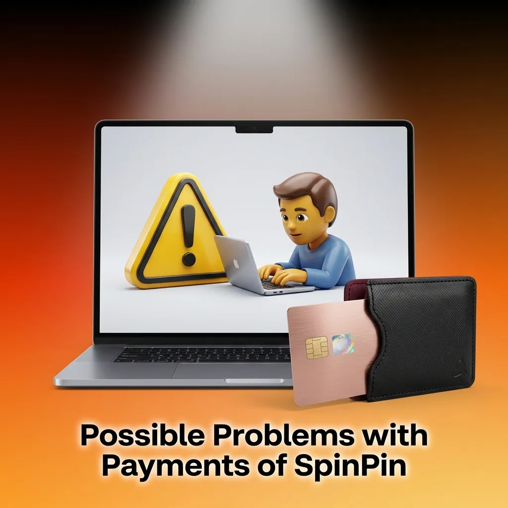 SpinPin payment troubleshooting guide showing solutions for declined cards, delayed withdrawals, and account detail errors