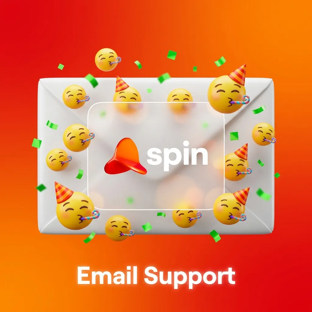 Email support interface showing support@spinpin.com contact with 24-hour response time and document attachment options