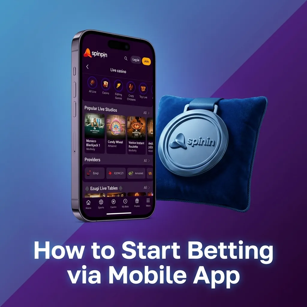 Mobile phone showing SpinPin betting app interface with login screen and sports betting options displayed