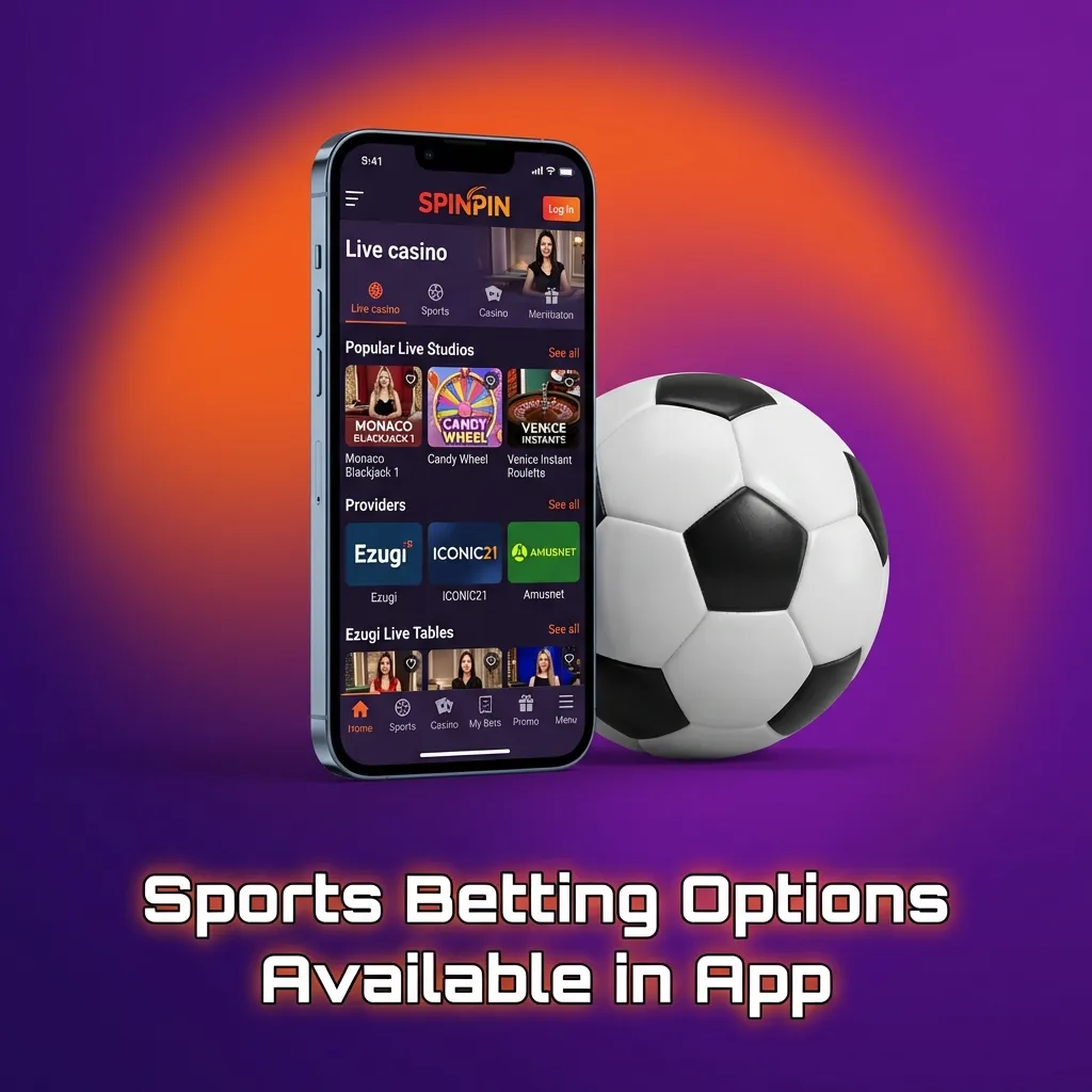 SpinPin app displaying sports betting options including football, tennis, basketball, cricket, and esports markets