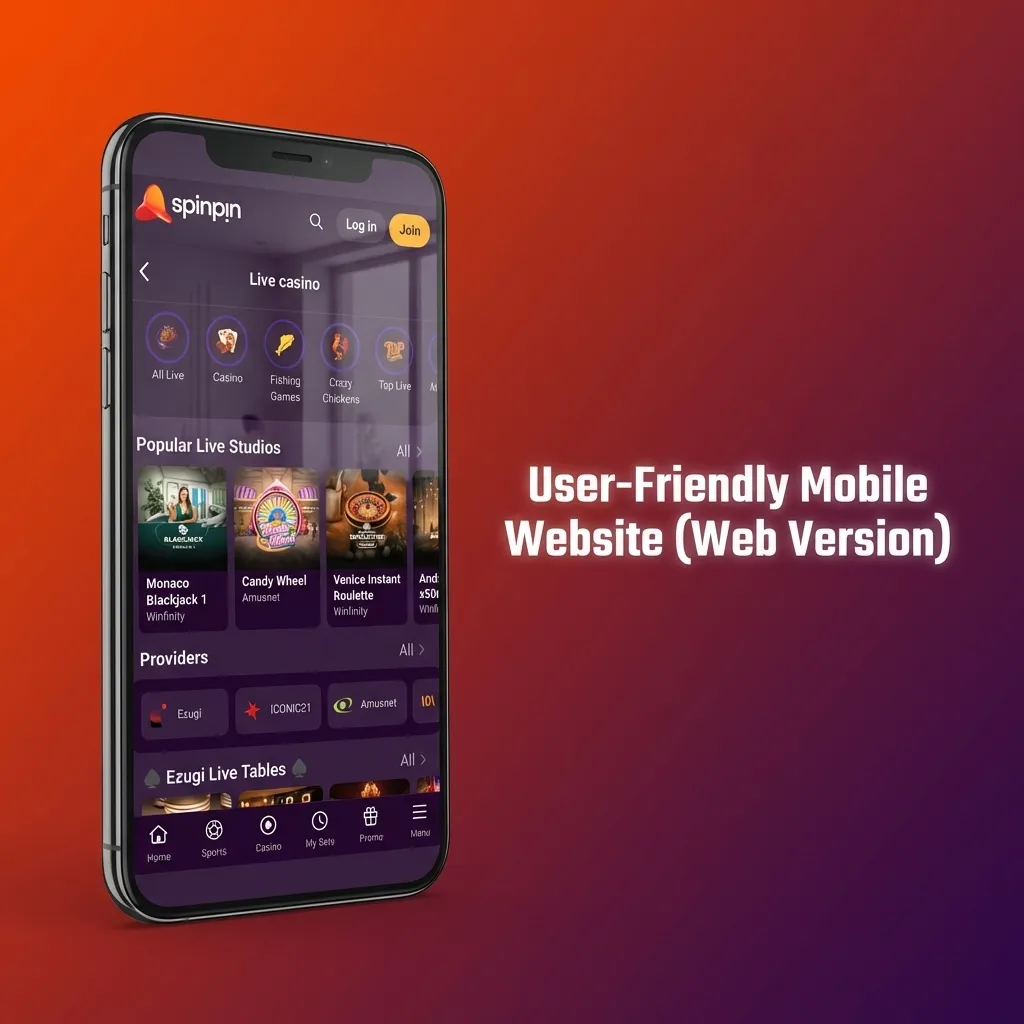 SpinPin mobile website interface showing responsive design with games, menus, and instant browser-based access